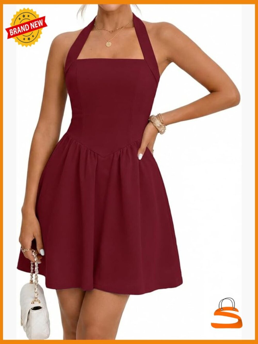 Women's Halter Neck Mini Dress Ruched Waist A-Line Cocktail Party Dress